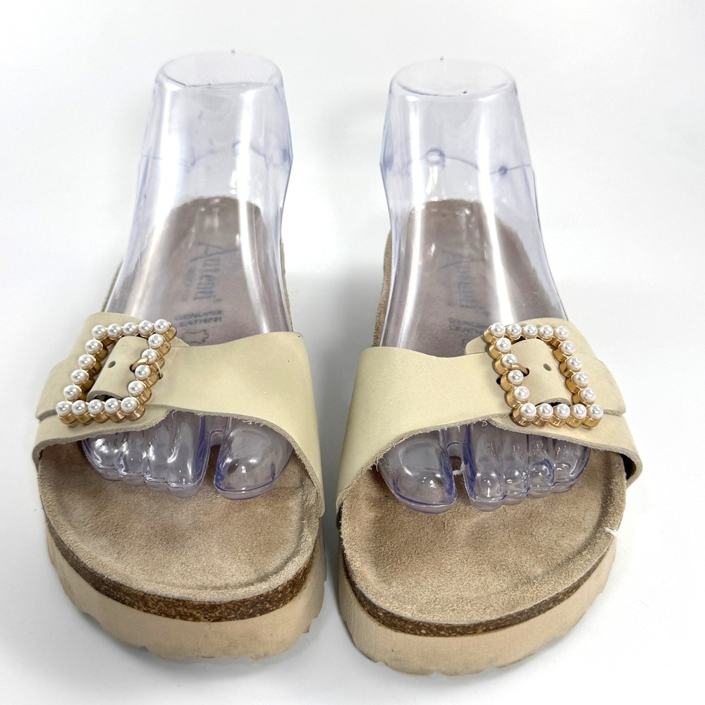 Autenti Batistella Womens Cream Leather Pearl Buckle Platform Slide Sandals 38 - Picture 9 of 10